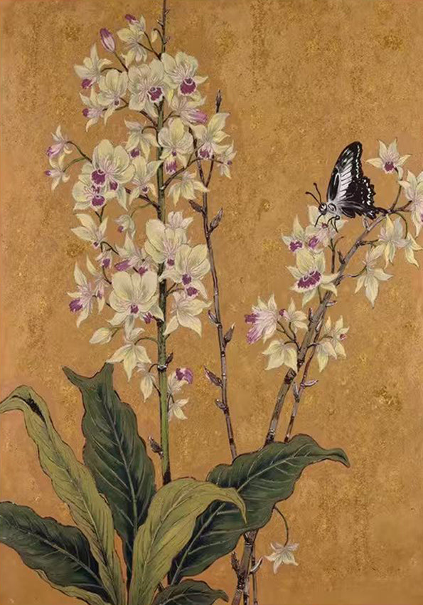 A pale orchid spike and dark butterfly on ochre