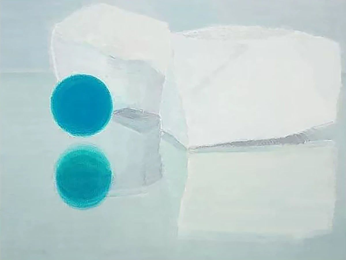A turquoise dot and its reflection beside a white form