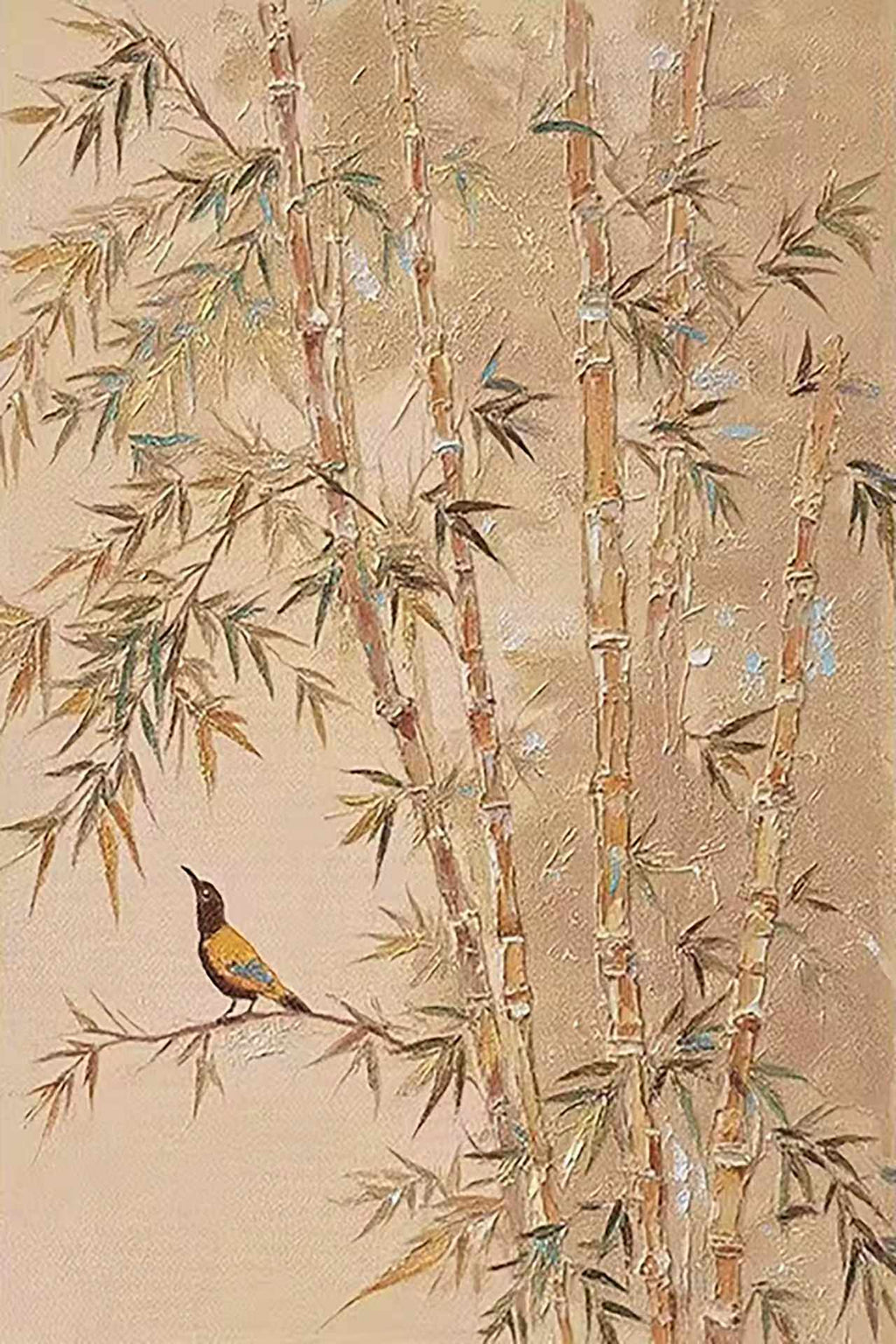 A small bird among pale bamboo stalks on warm tan