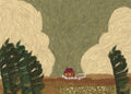 A tiny red barn beneath swirling cream clouds and dark trees