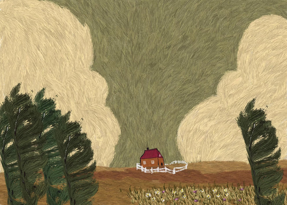 A tiny red barn beneath swirling cream clouds and dark trees