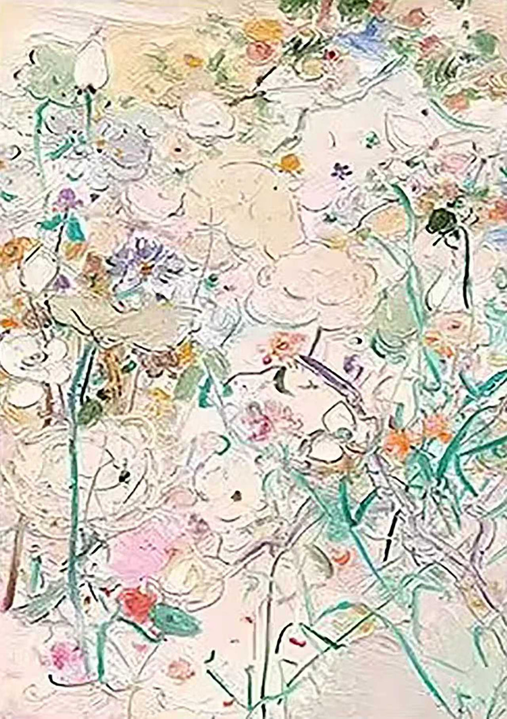Fine pastel flowers and stems in a lively tangle