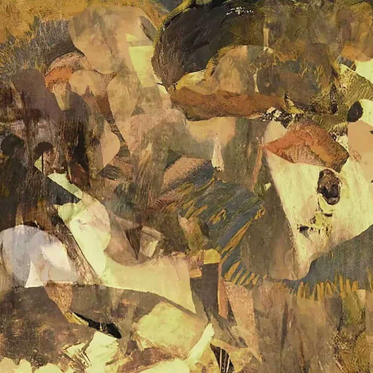 Torn fragments of gold, umber and black layered together