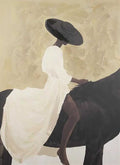 A woman in a white dress and black hat riding a dark horse