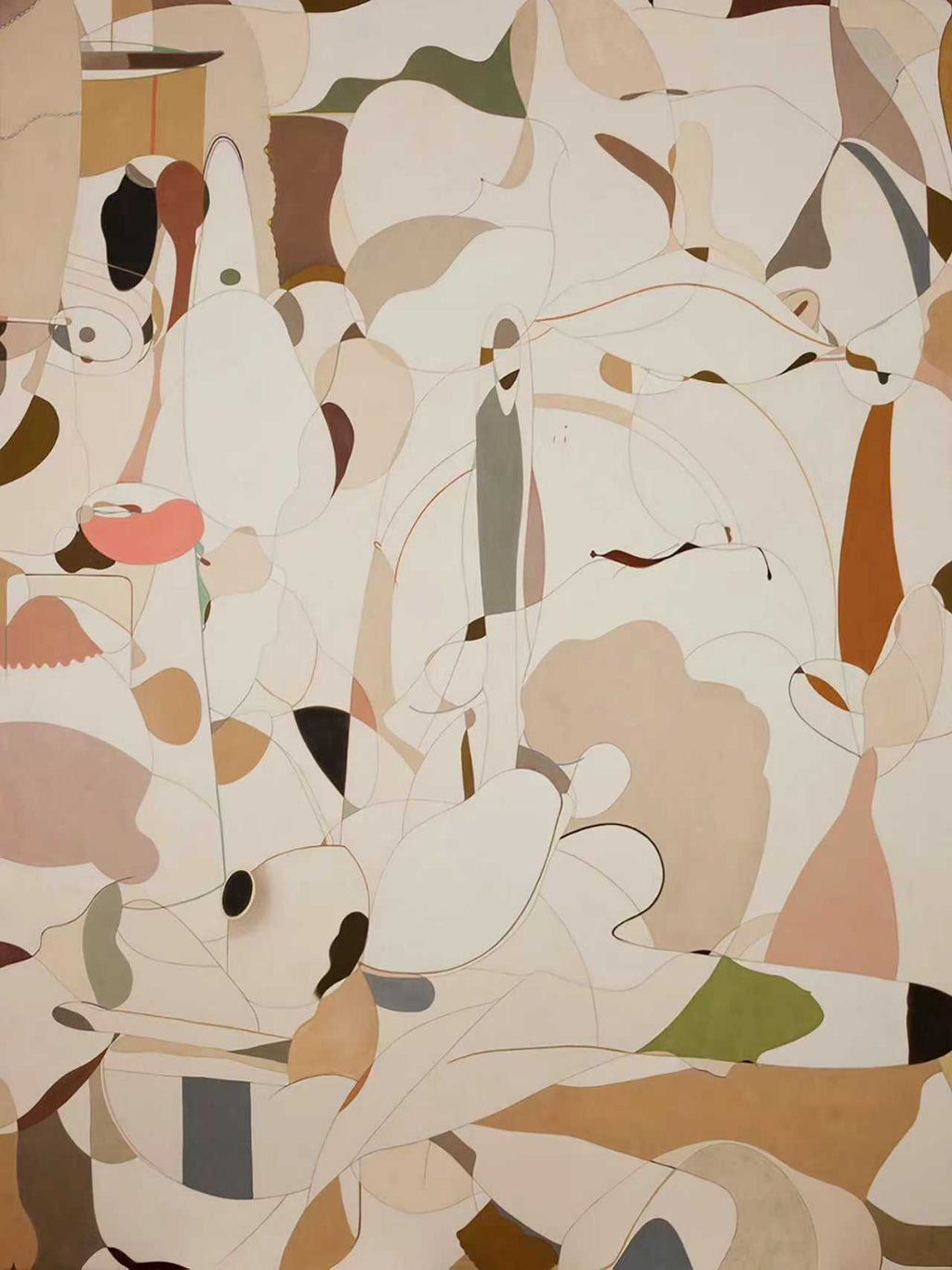 Scattered fragments of terracotta, sage and black on cream