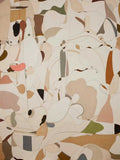 Scattered fragments of terracotta, sage and black on cream