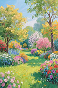 A sunny garden of flowering trees and beds of bright blooms