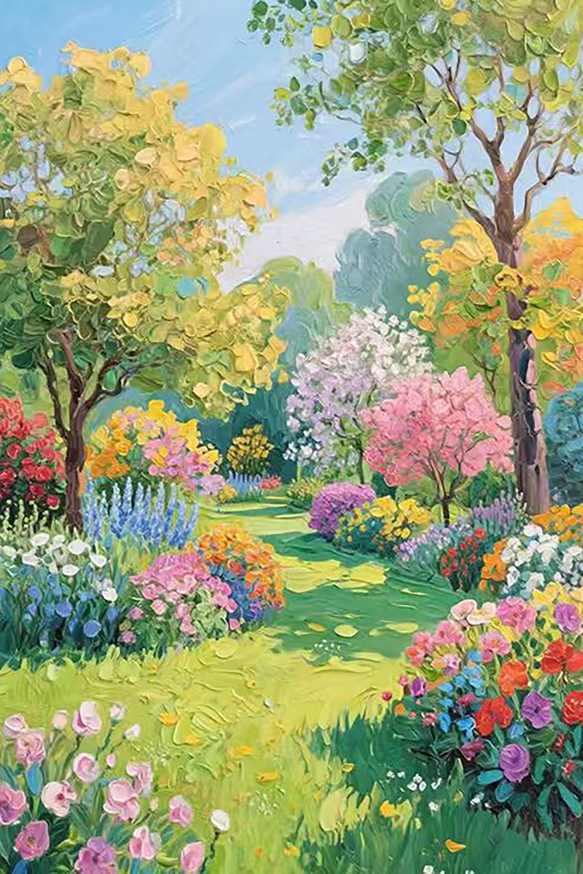 A sunny garden of flowering trees and beds of bright blooms