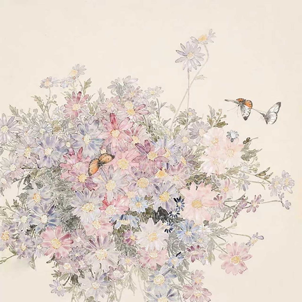 A pale bouquet of daisies and lavender with butterflies