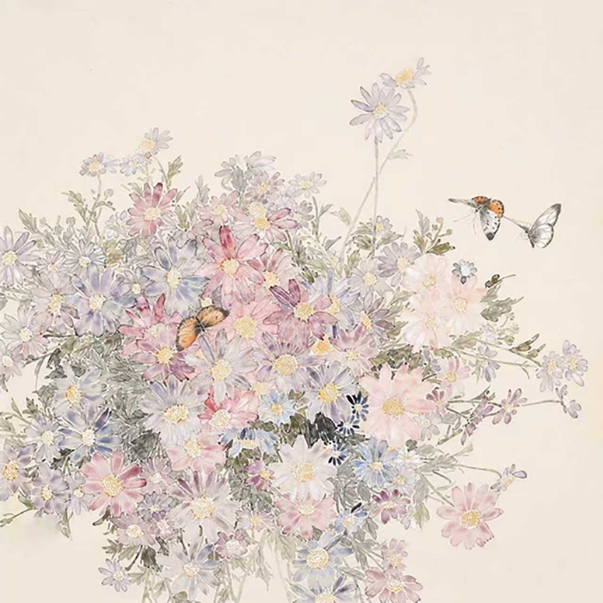 A pale bouquet of daisies and lavender with butterflies