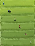 Tiny figures walking over sculpted lime-green terraces