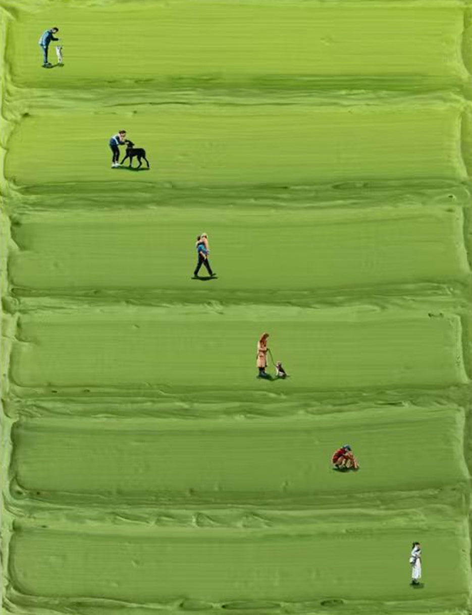 Tiny figures walking over sculpted lime-green terraces