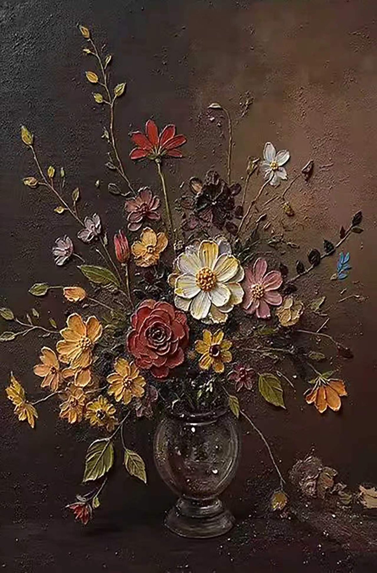 A wildflower bouquet in a glass vase on dark umber