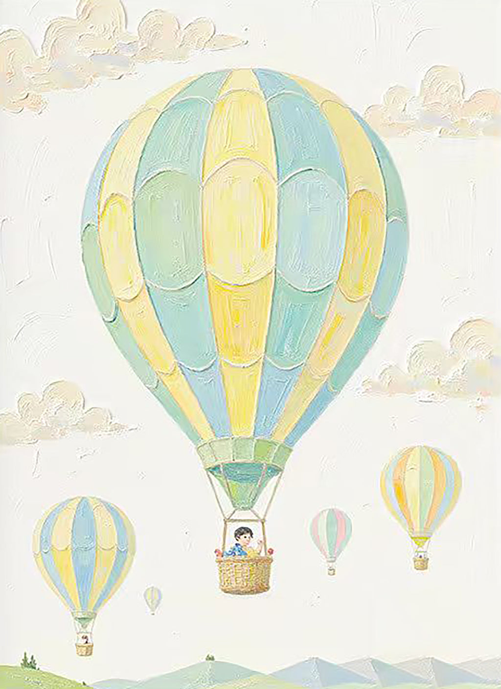Pastel striped hot-air balloons drifting among clouds