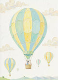 Pastel striped hot-air balloons drifting among clouds