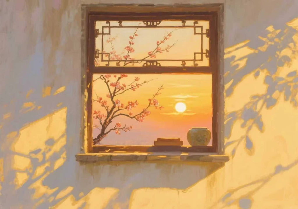 A setting sun and blossom branch framed by a lattice window