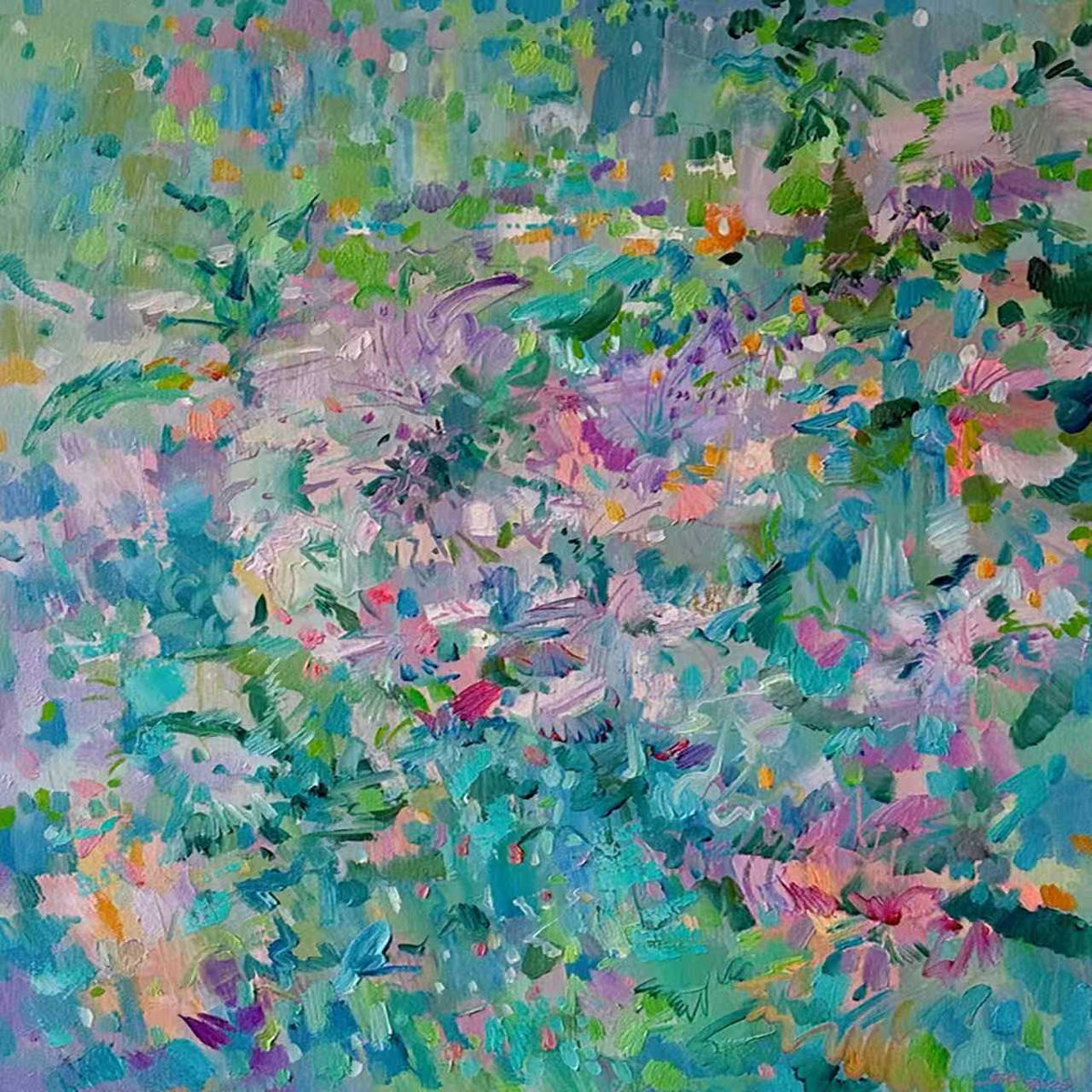 A thicket of turquoise, pink and lilac blooms in thick strokes