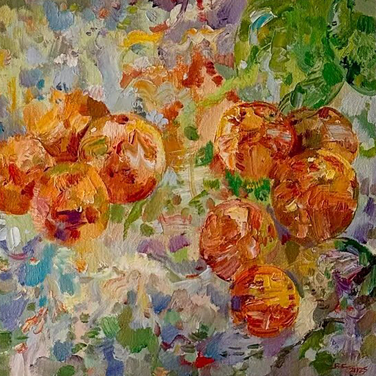 Orange peaches among dabs of violet, blue and green