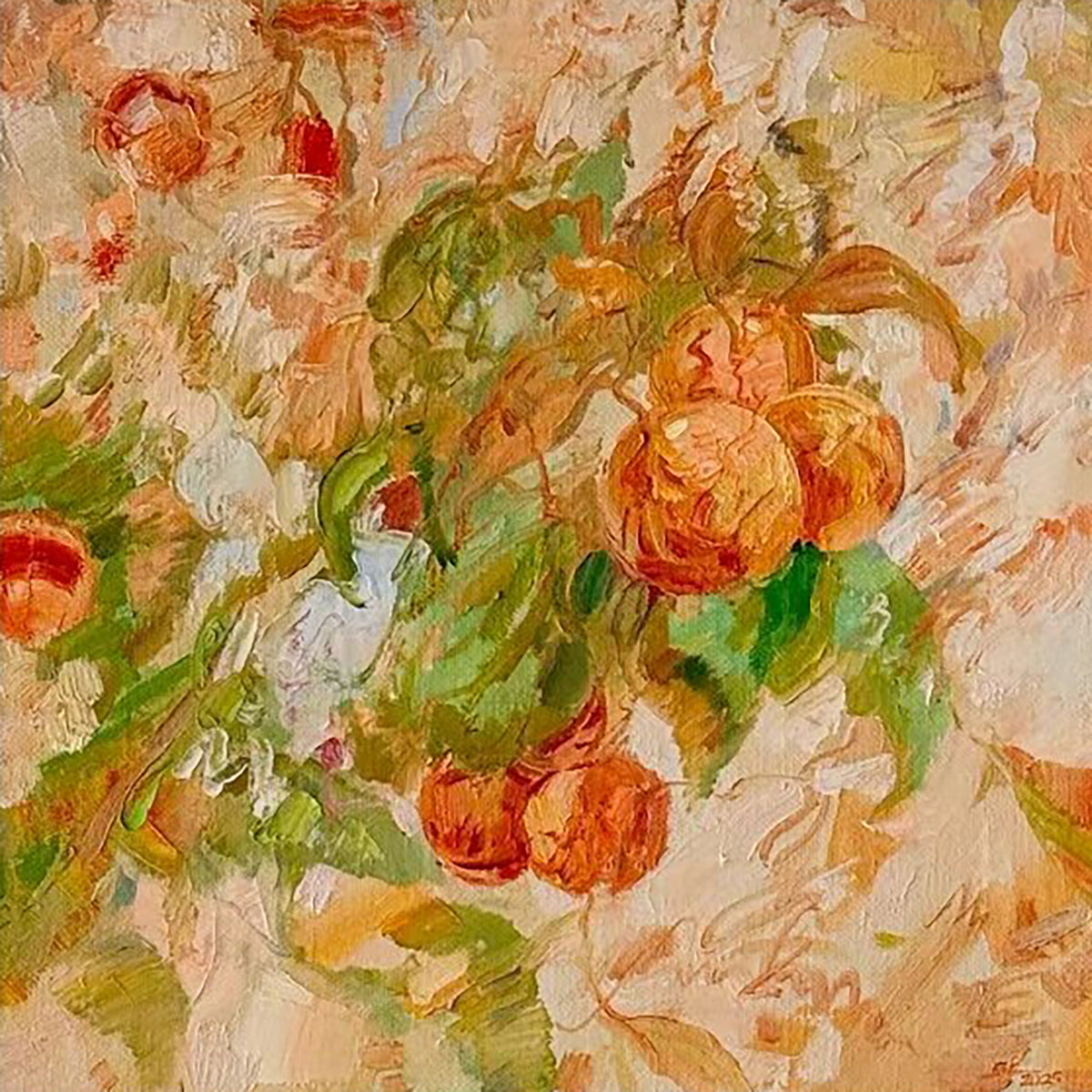 Ripe peaches among leaves in loose sunny strokes