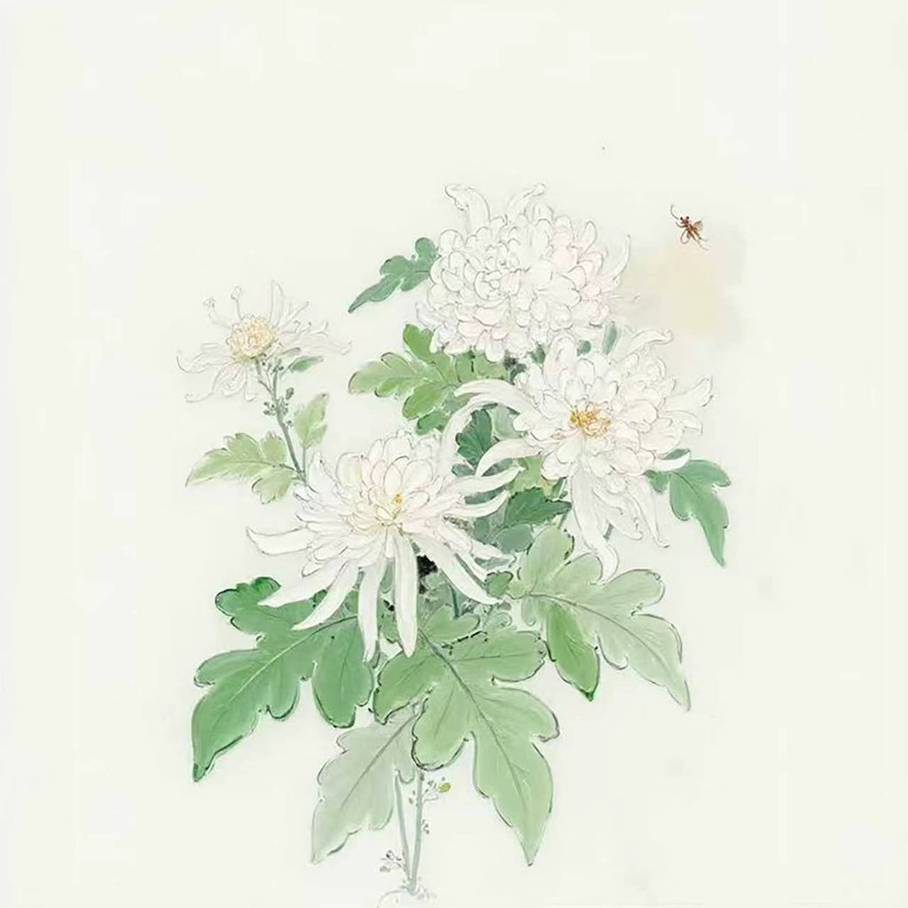 White chrysanthemums and leaves on pale cream with a bee
