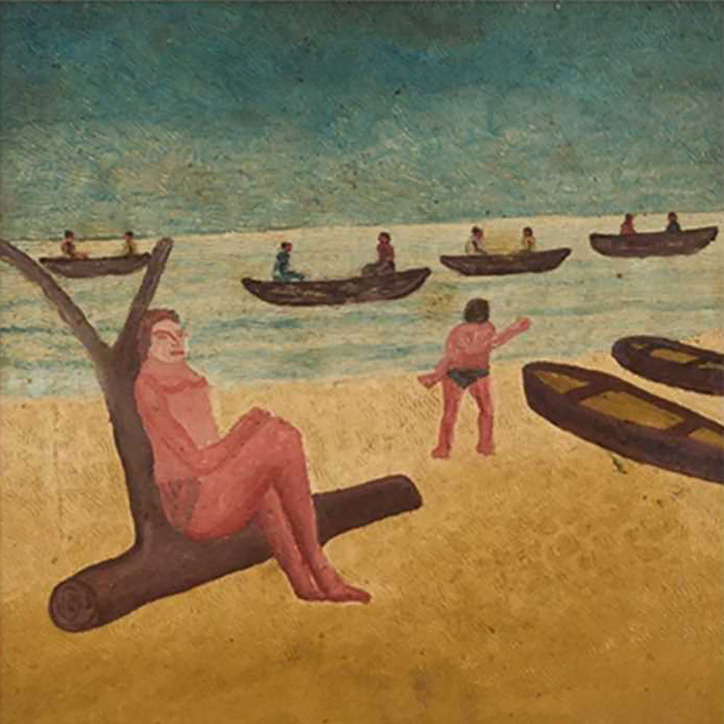 Figures resting on a beach with rowing boats in naive style