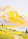A yellow-lit peak above a green valley path and lake