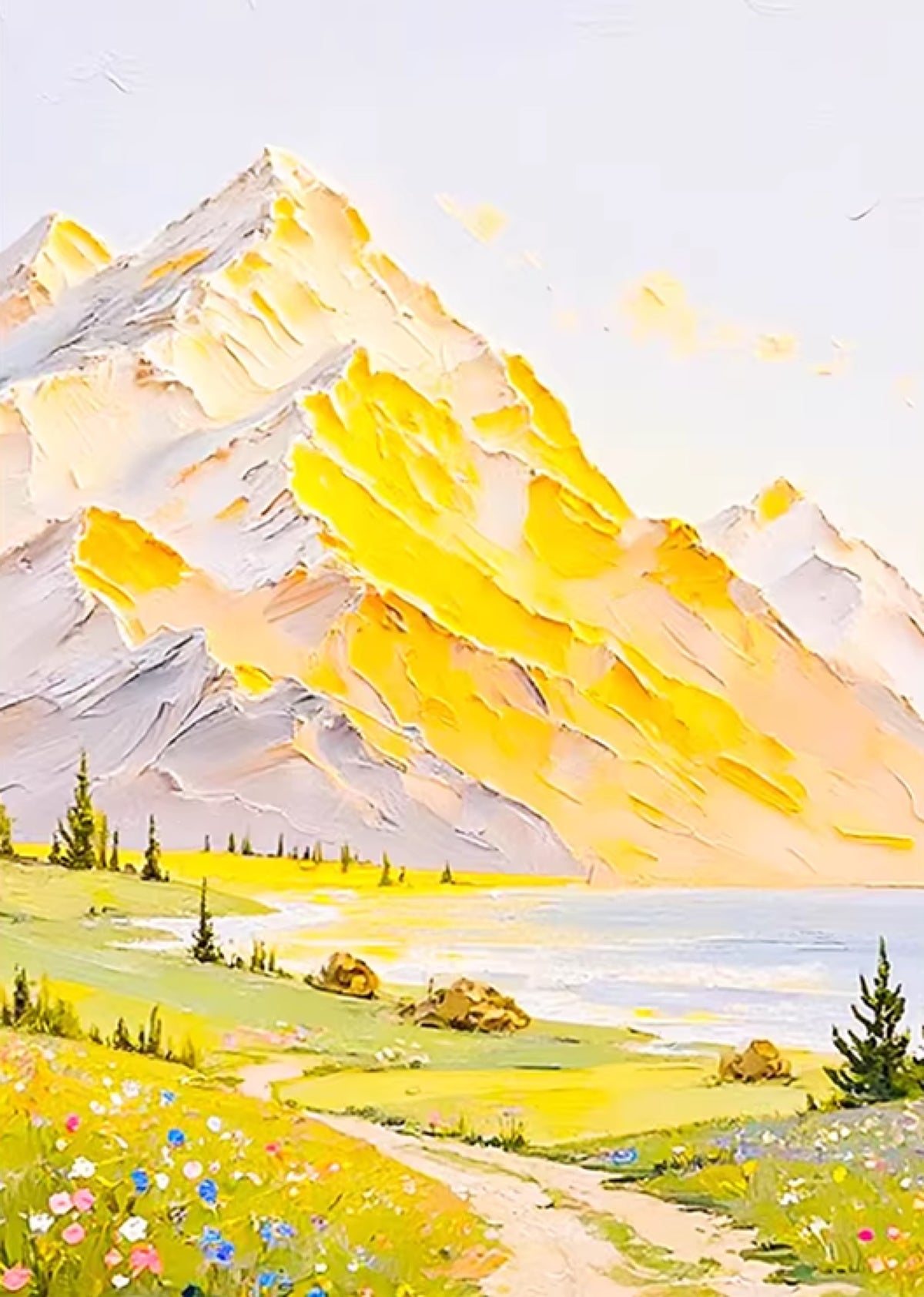 A yellow-lit peak above a green valley path and lake