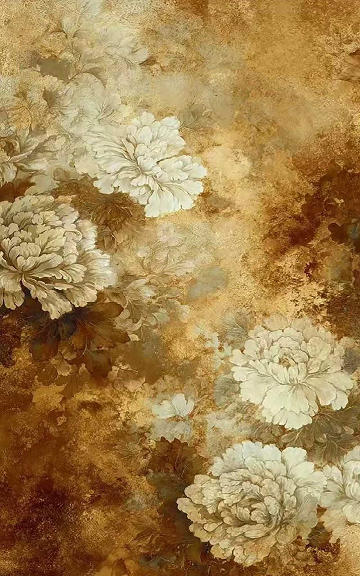 Cream peonies blooming across a mottled rust and gold ground