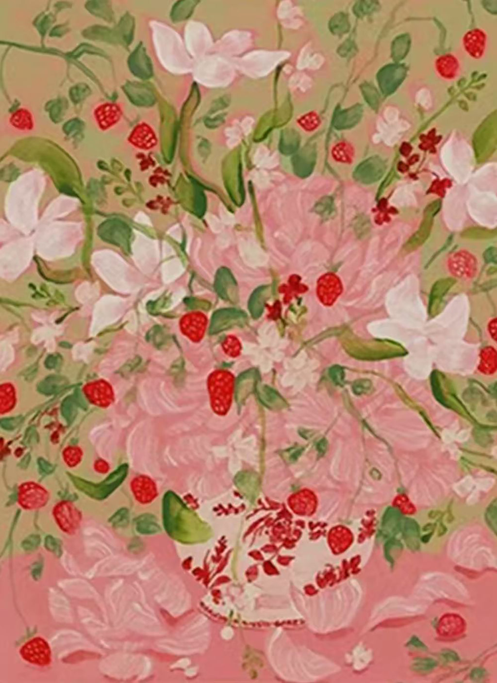 Red berries and pink blossoms tumbling over rose pink