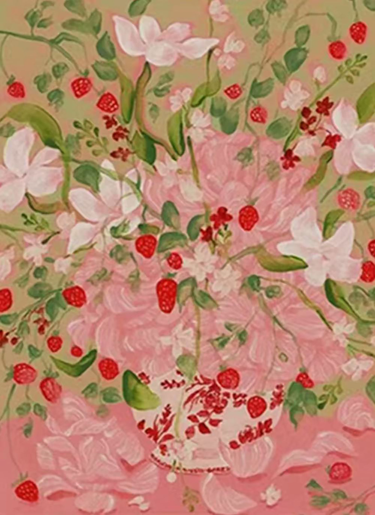 Red berries and pink blossoms tumbling over rose pink