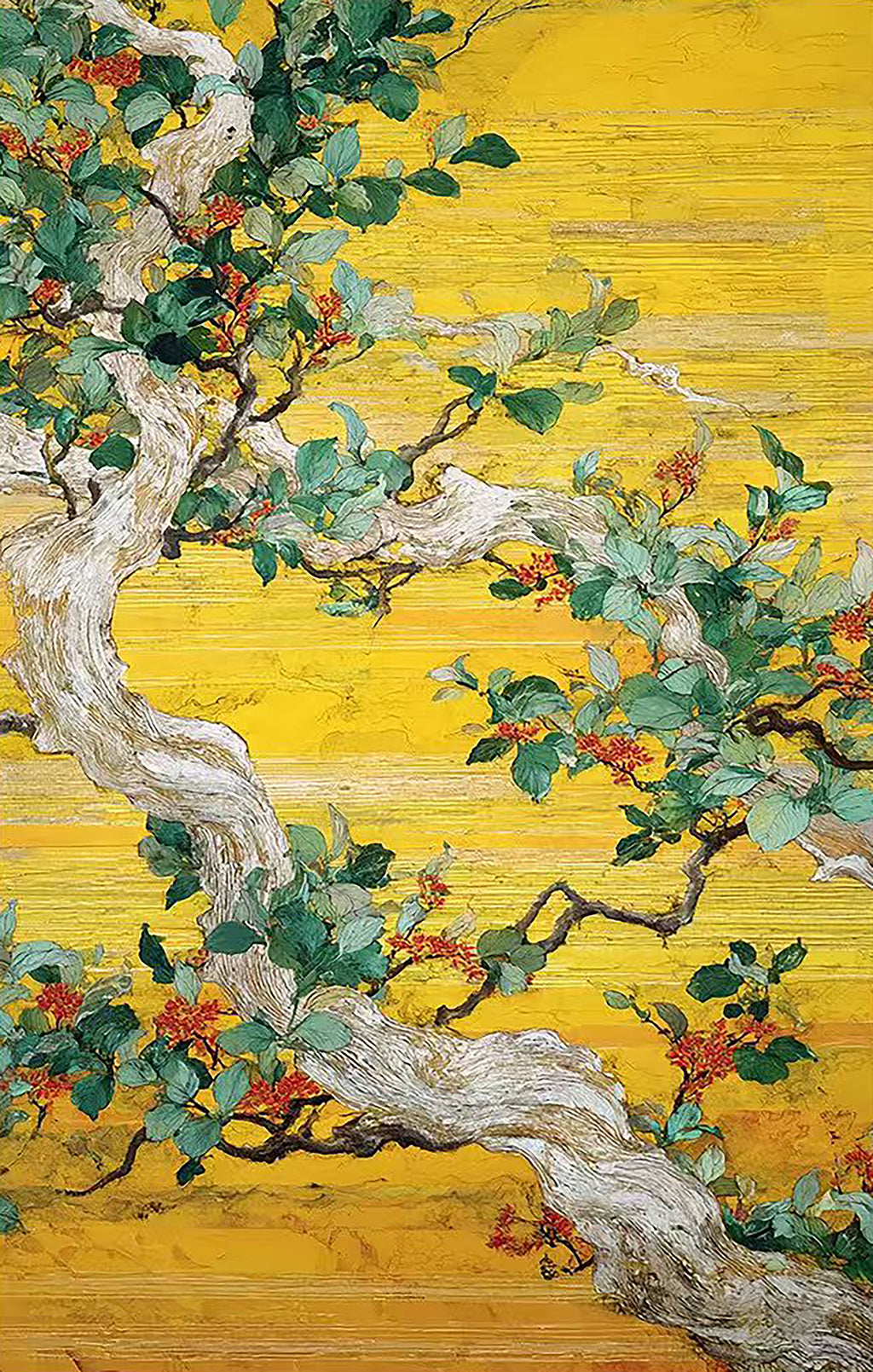 A gnarled pine with red berries against shimmering gold