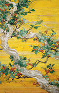 A gnarled pine with red berries against shimmering gold
