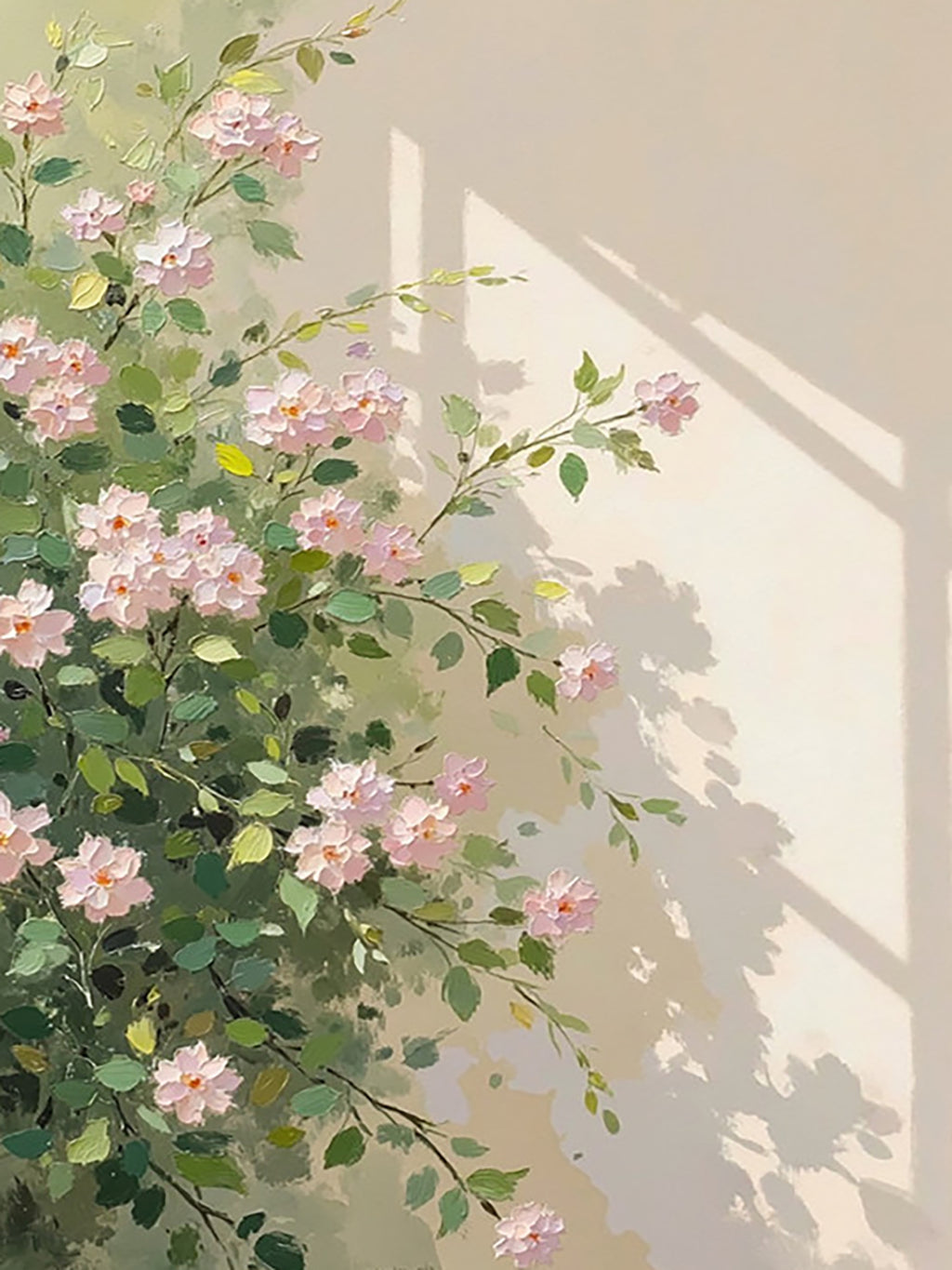 Pale pink climbing roses casting shadows beside a sunlit window
