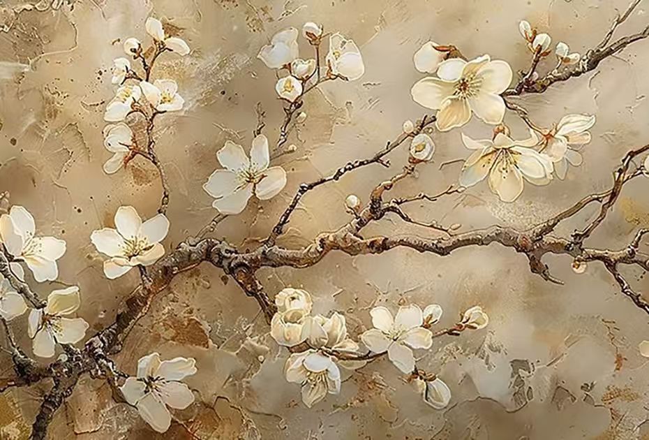 A branch of cream plum blossoms across a mottled tan ground