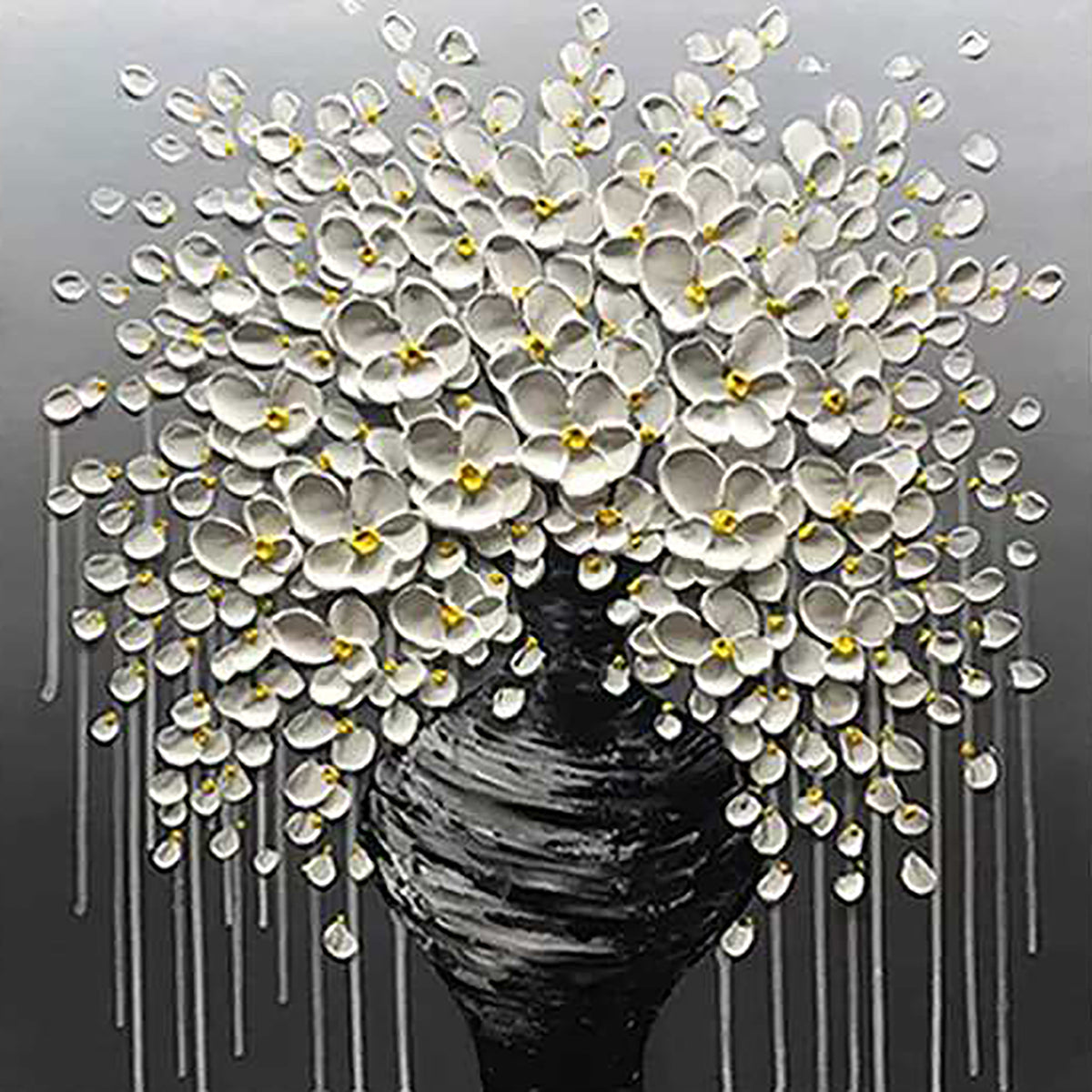 A cascade of white blossoms from a dark vase on grey