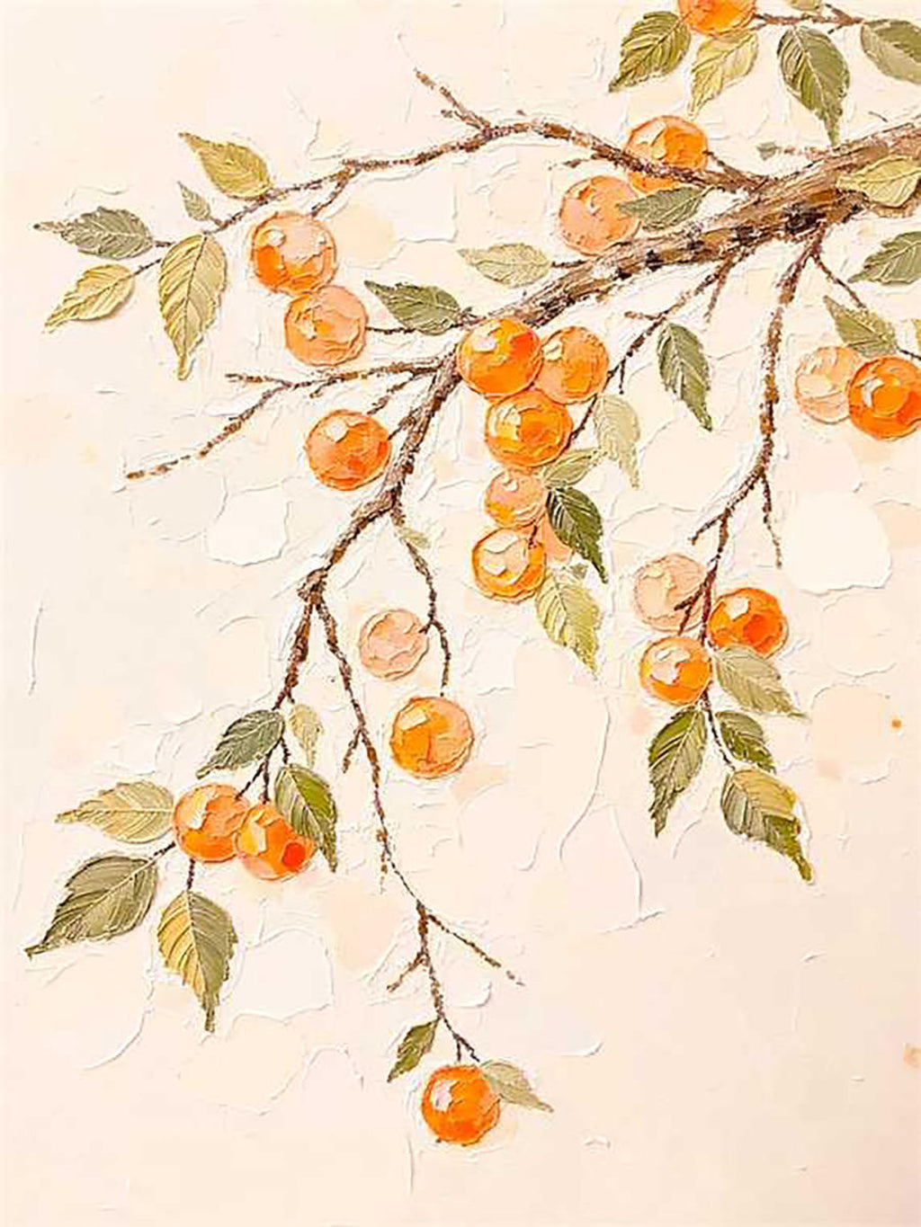 Small orange persimmons on twigs across a blush ground