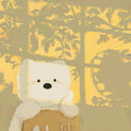A fluffy white bear toy in yellow light with leaf shadows
