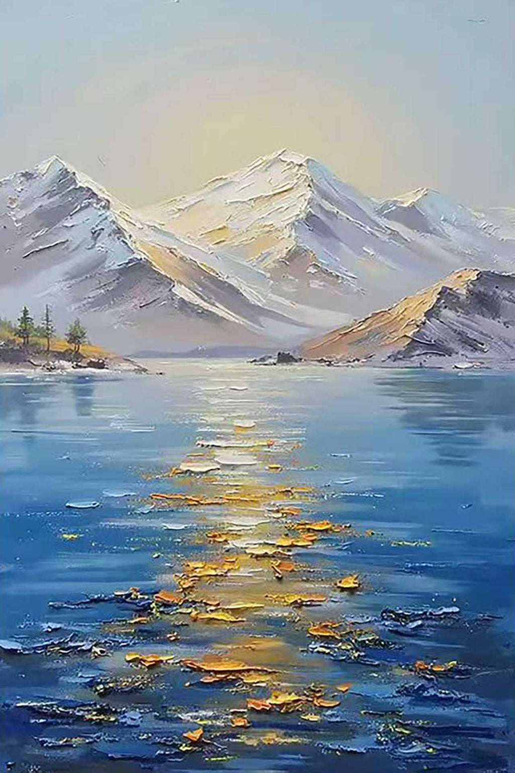 Snowy peaks above a sparkling blue lake in palette-knife strokes