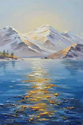 Snowy peaks above a sparkling blue lake in palette-knife strokes