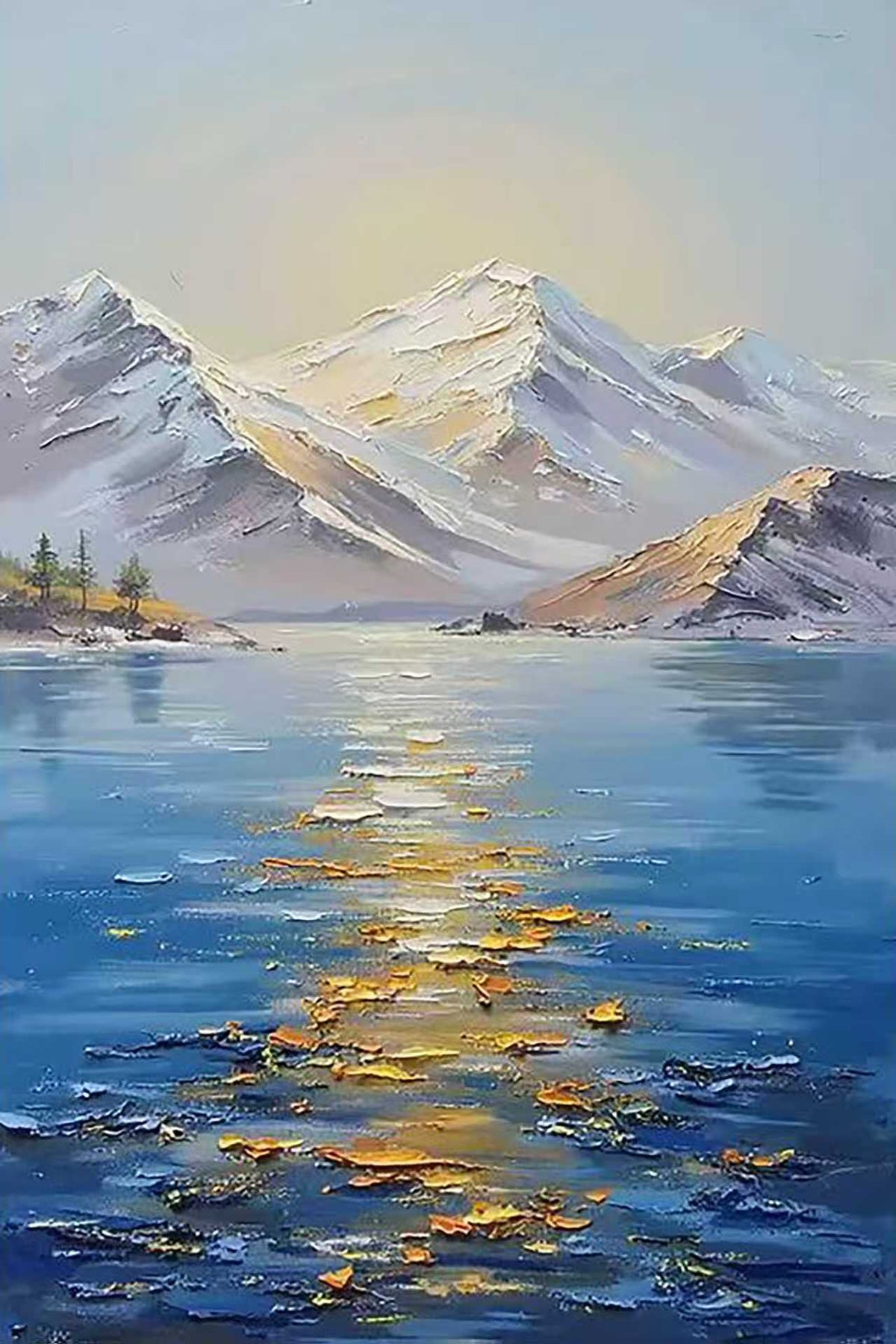 Snowy peaks above a sparkling blue lake in palette-knife strokes