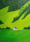A white church beside a lake below steep green slopes