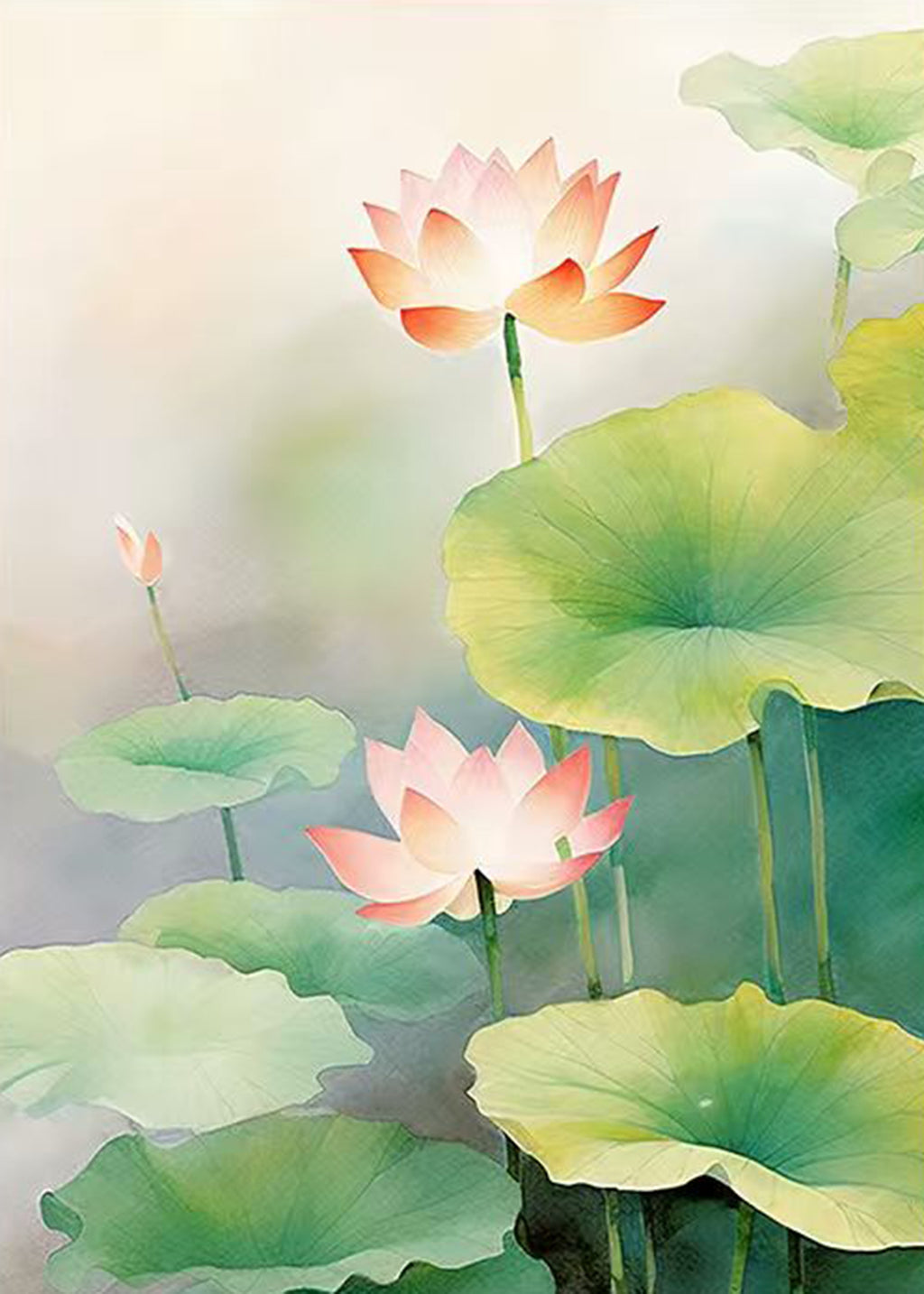Pink lotus blooms rising among bright green pads
