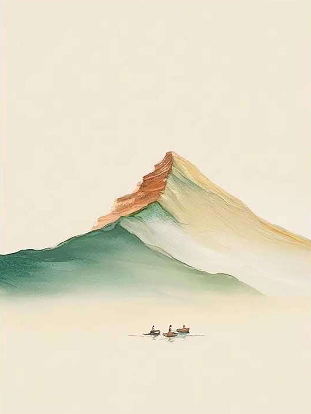 A single green-edged peak above tiny boats on cream