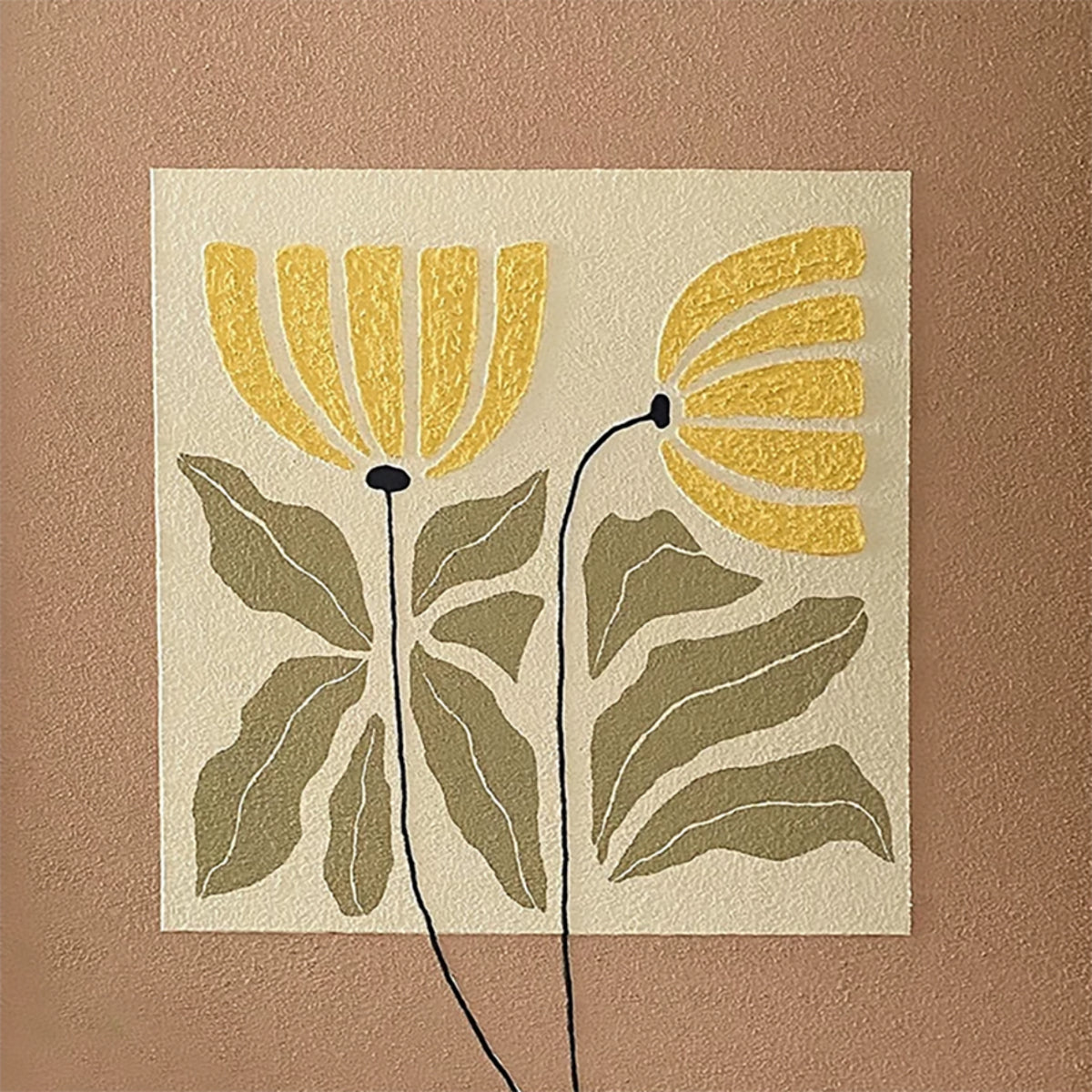 Two stylised mustard flowers with olive leaves on cream
