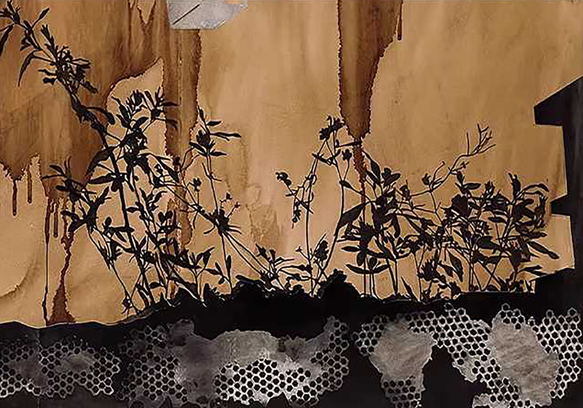 Black ink plants above a band of silver honeycomb on tan