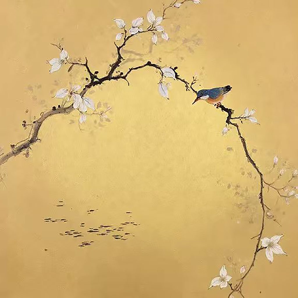 A bird on an arching blossom branch over gold, with tiny fish below