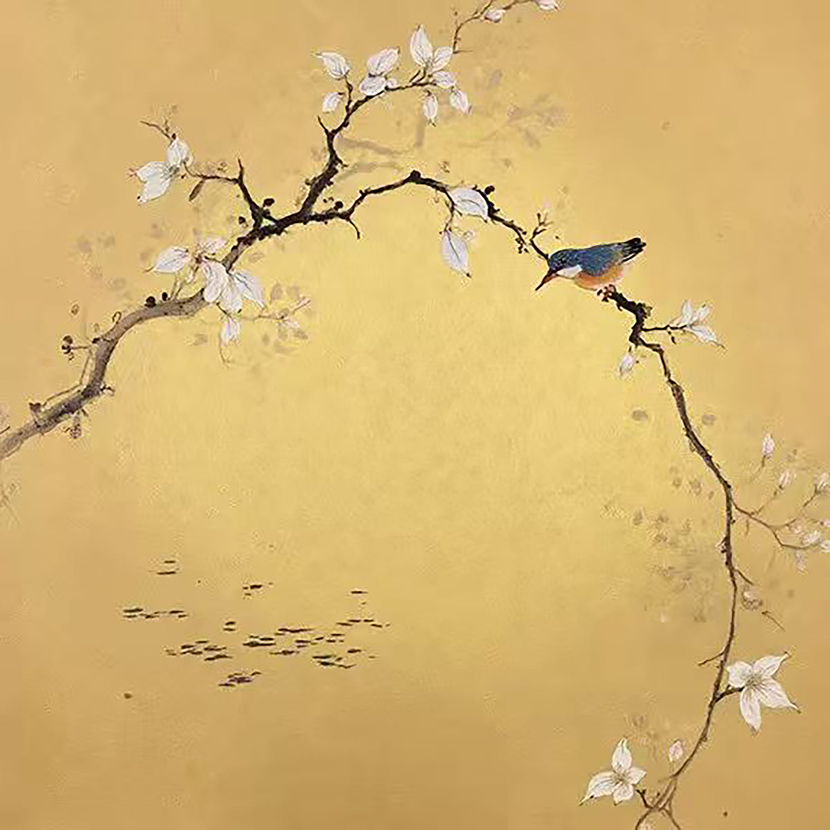 A bird on an arching blossom branch over gold, with tiny fish below
