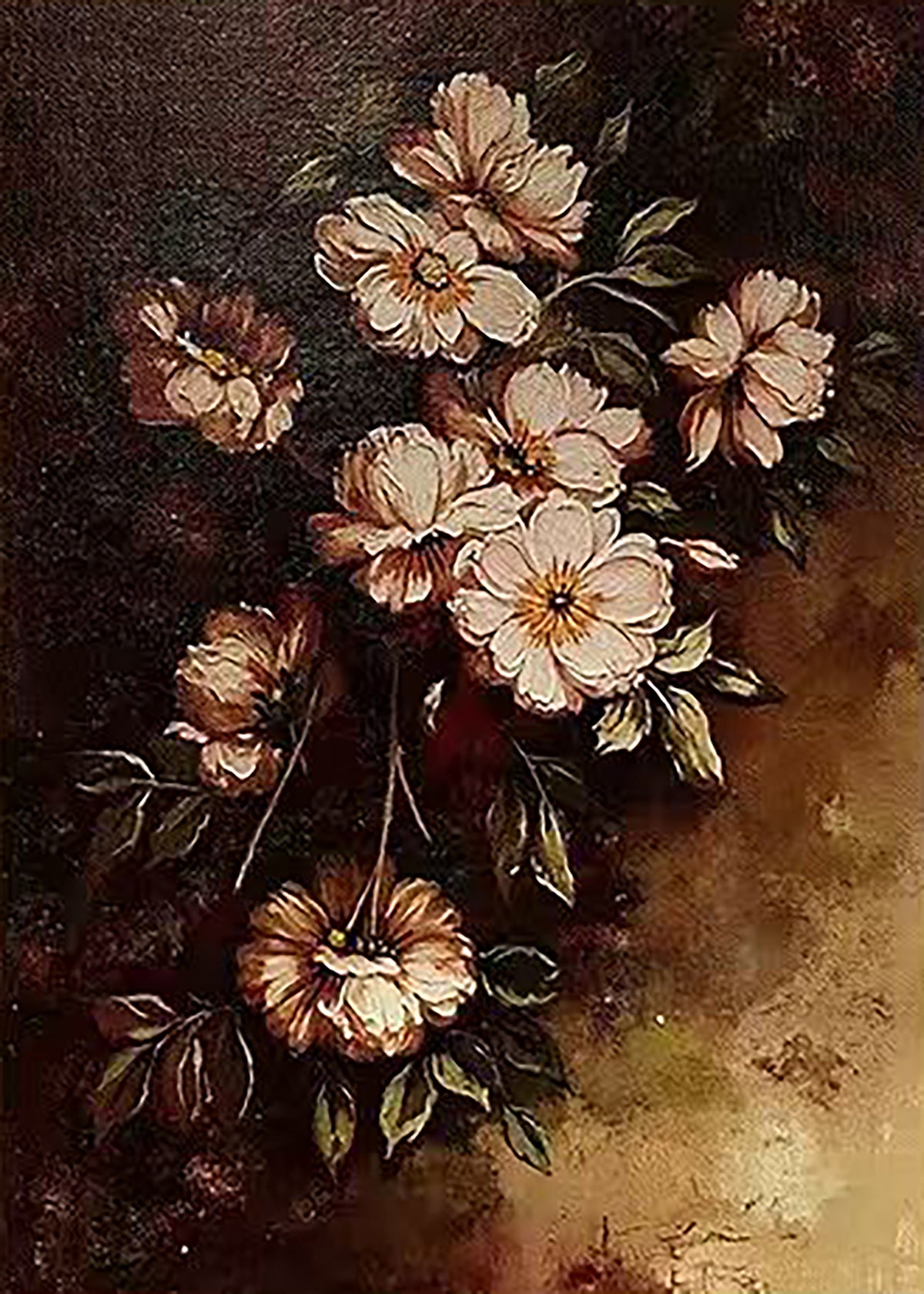 Pale daisies and blossoms on a dark sepia ground