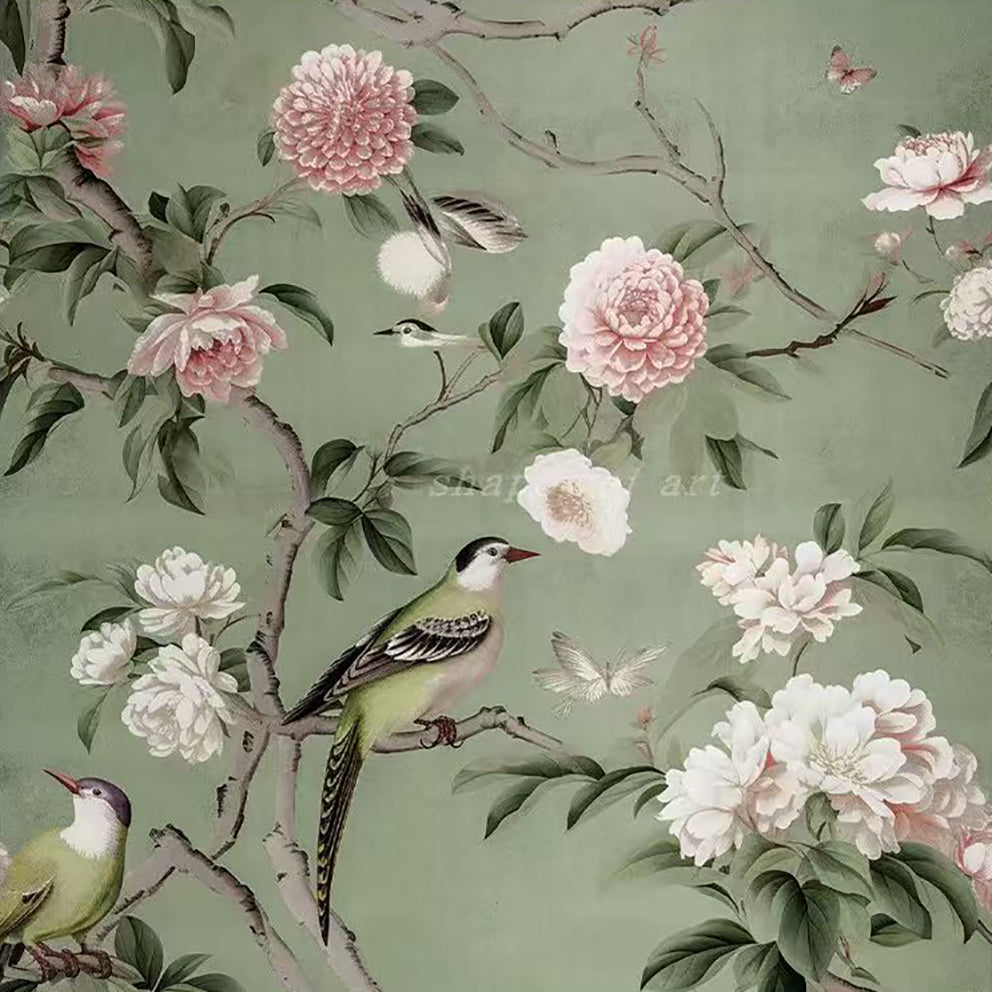 Birds among pink and white peonies on sage green