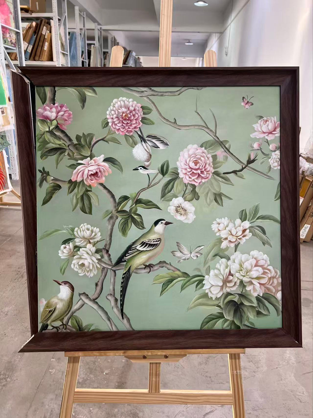 Birds among Peonies on Sage